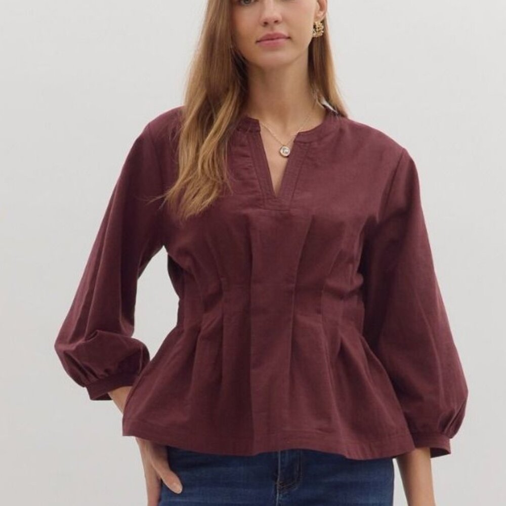 ENTRO CHOCOLATE SMOCKED WAIST ZIPPER TOP
